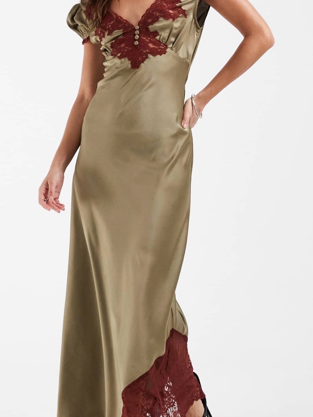ASOS Silk-Feel Olive Satin Dress with Burgundy Lace Trim